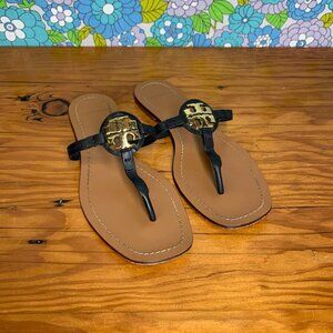 Tory Burch Mini Miller Vintage Vachetta Black LeatherThong Sandals Size: 8